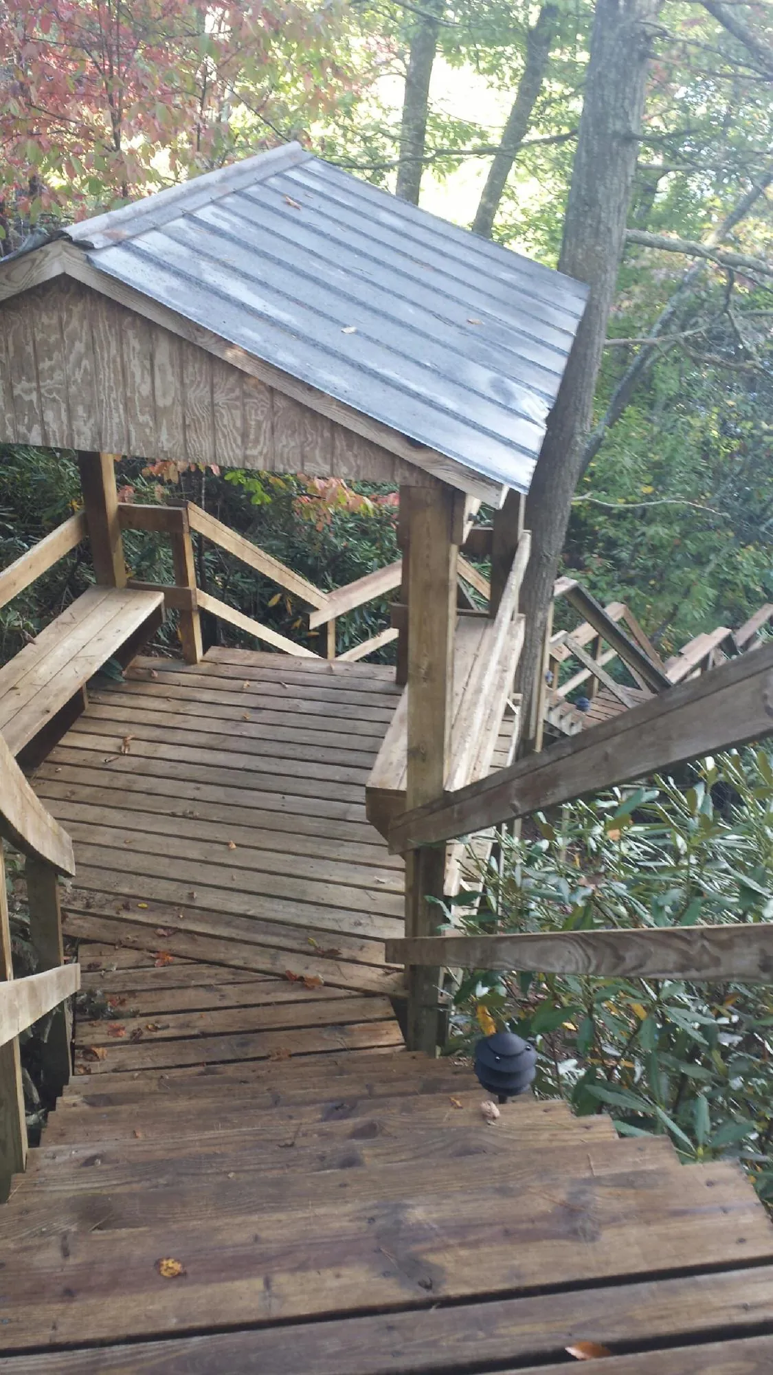 Metal roofed shelter over wooden steps on a wooded walkway — Skylight Repair & Installation work by our crew in Union Grove